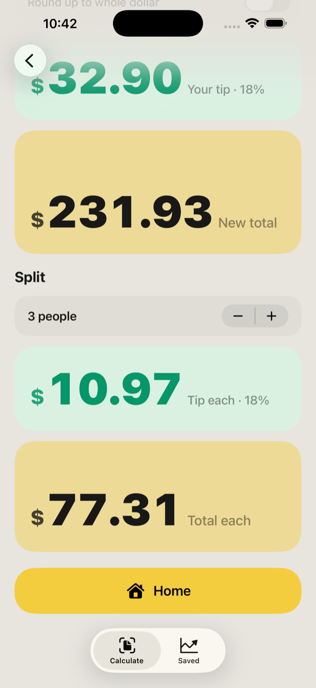 DipOut results screen with bill split
