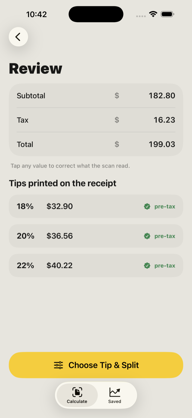 DipOut review screen showing verified tips